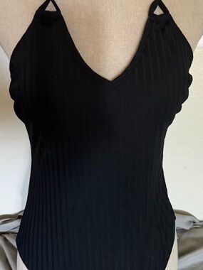 Black Ribbed V-Neck Halter Tank Bathing Suit
